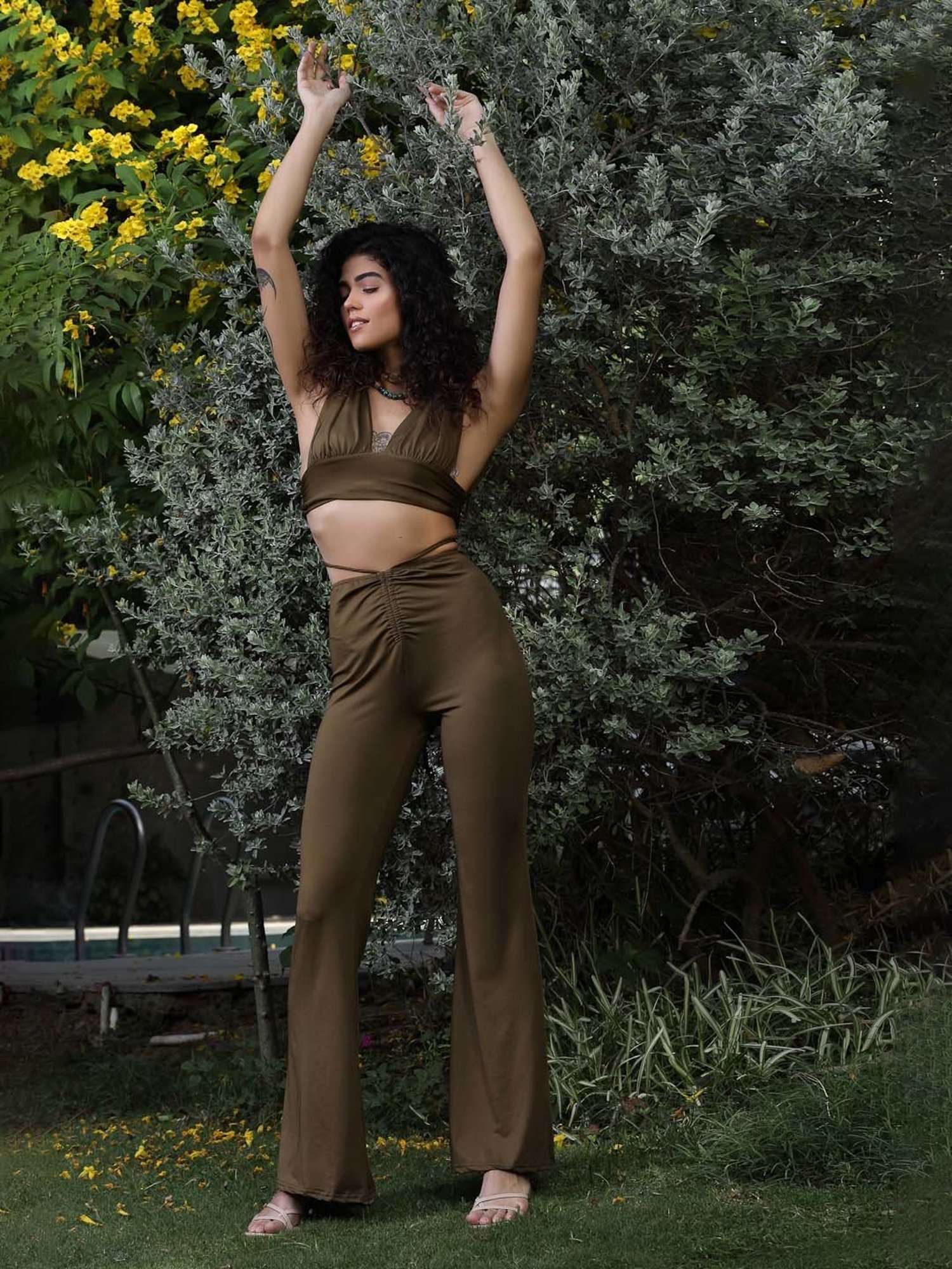 PRIZO Olive Crop Top With Trousers