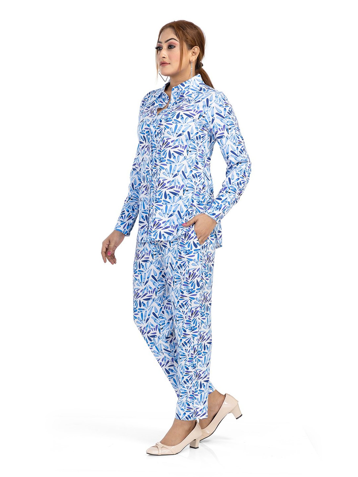 Nino Bambino White & Blue Printed Shirt With Pants