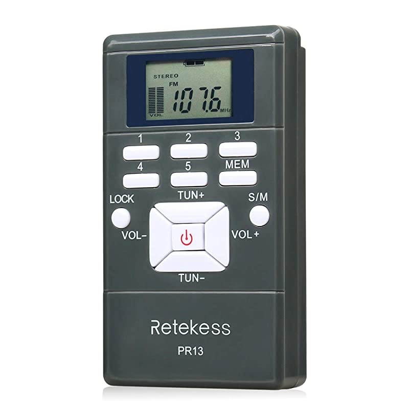 PR13 Portable FM Radio Receiver, Mini Stereo Radio, AAA Battery Powered with Earphone and Lock Key for Walking, Jogging, Mowing, Assisted Listening, Church, Tour Guide (Gray)