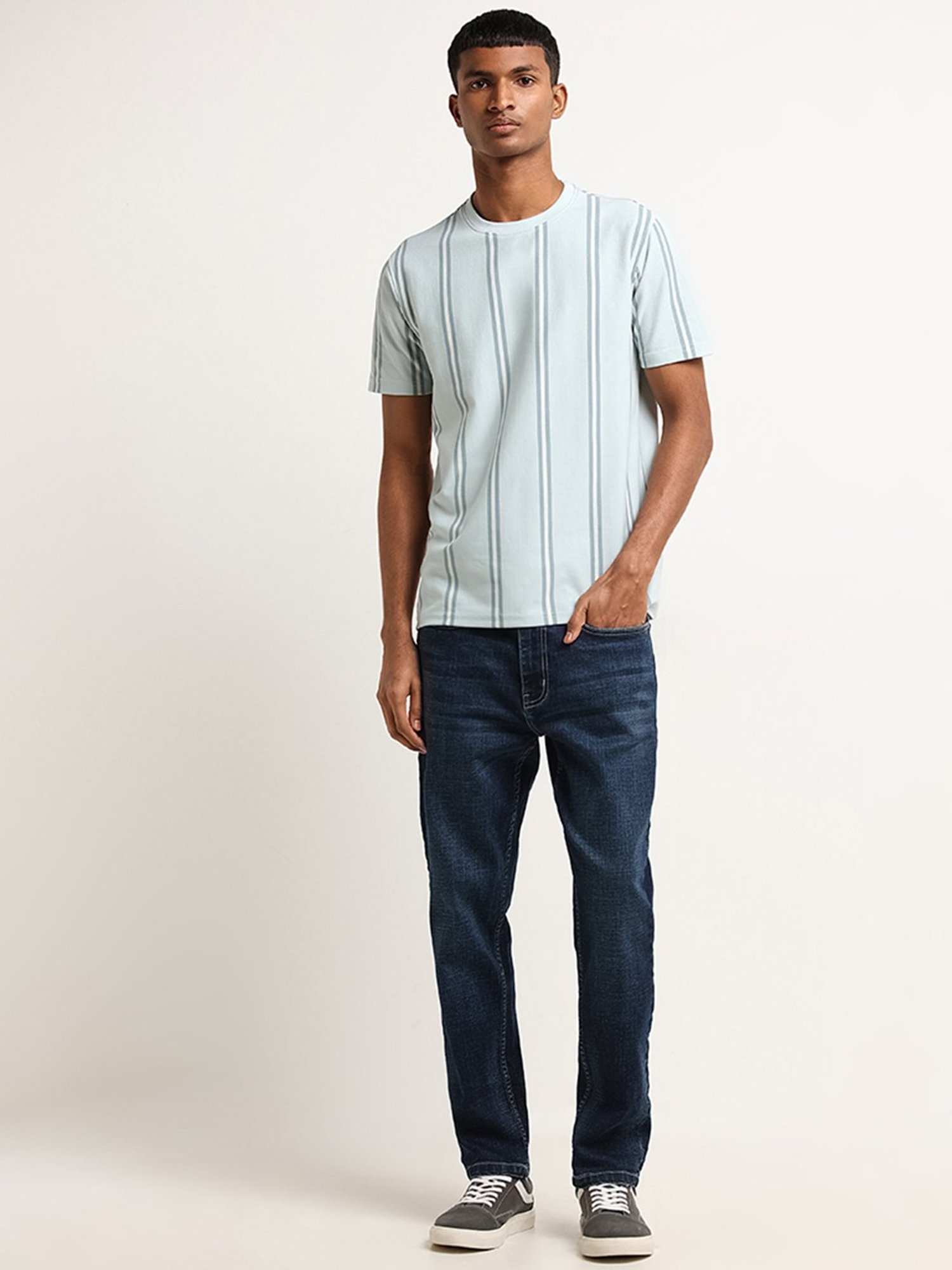 Nuon by Westside Blue Slim Fit Striped T-Shirt