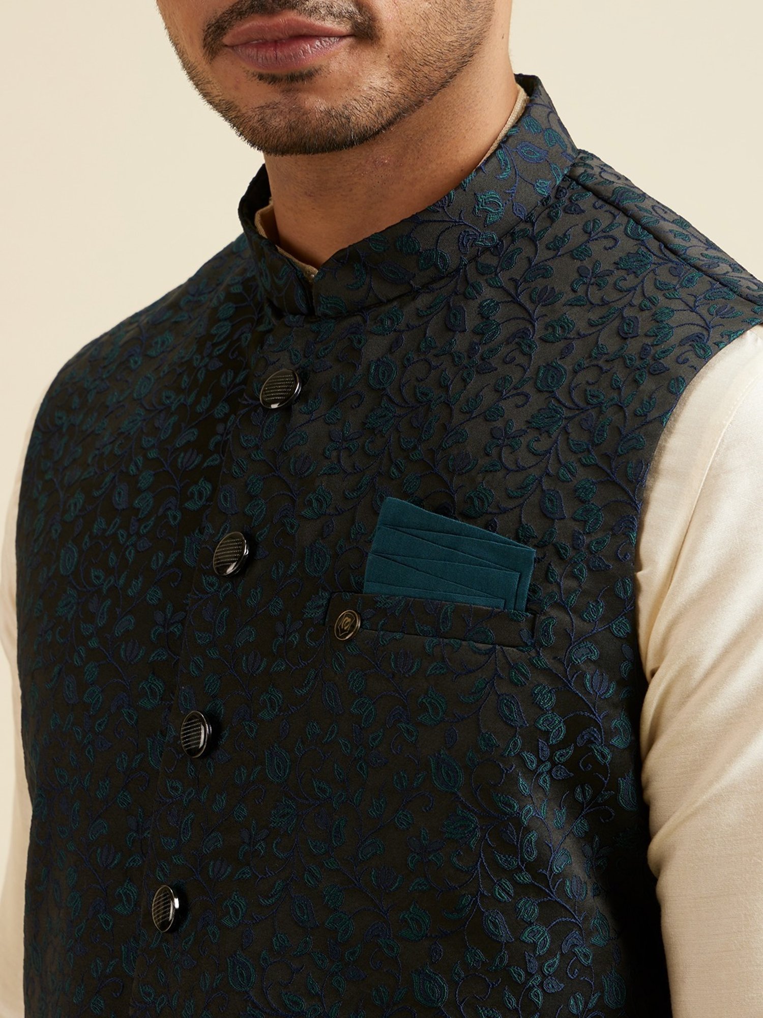 Manyavar Black Regular Fit Embroidered Nehru Jacket