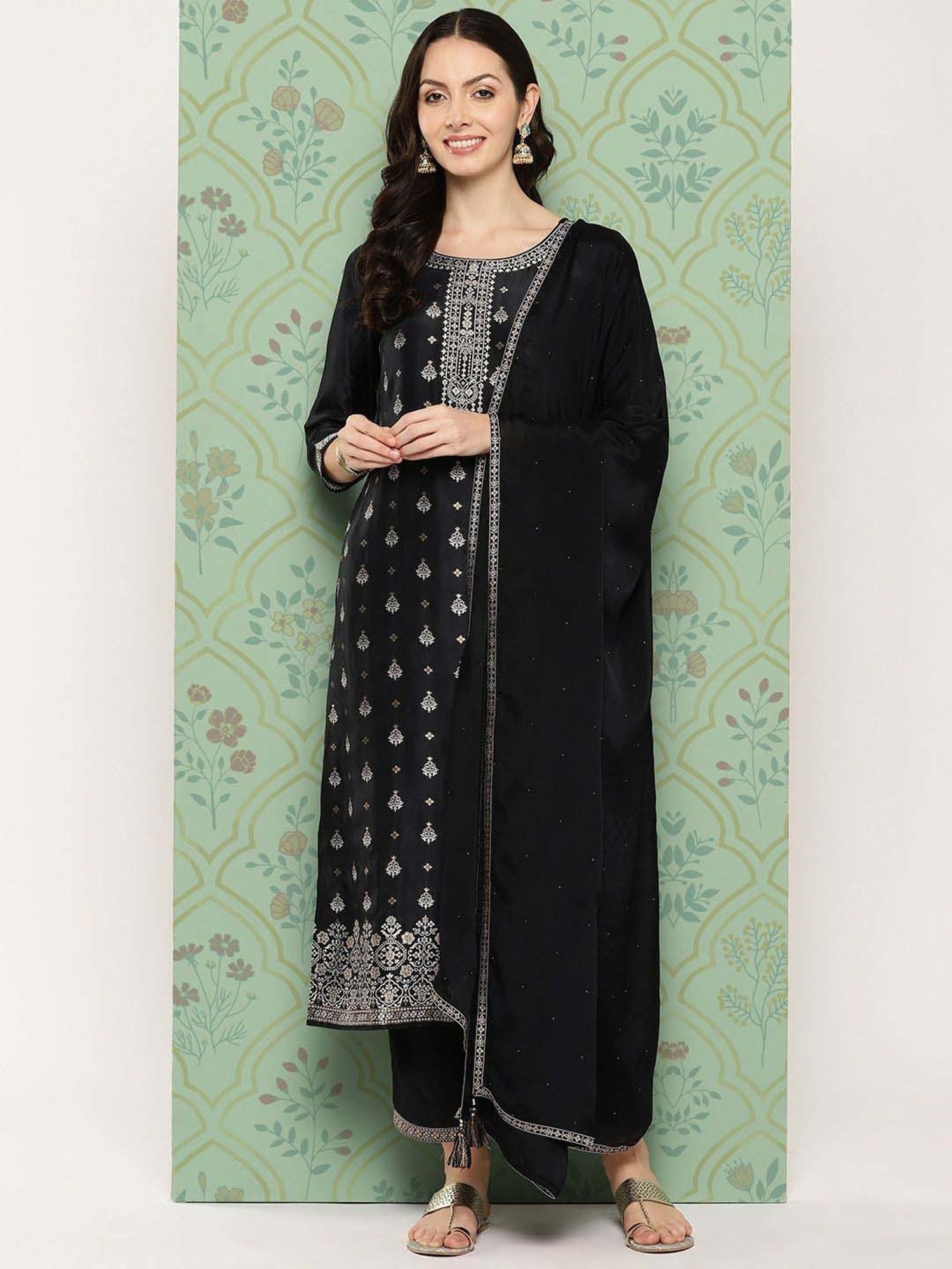 Libas Black Embroidered Kurta Pant Set With Dupatta