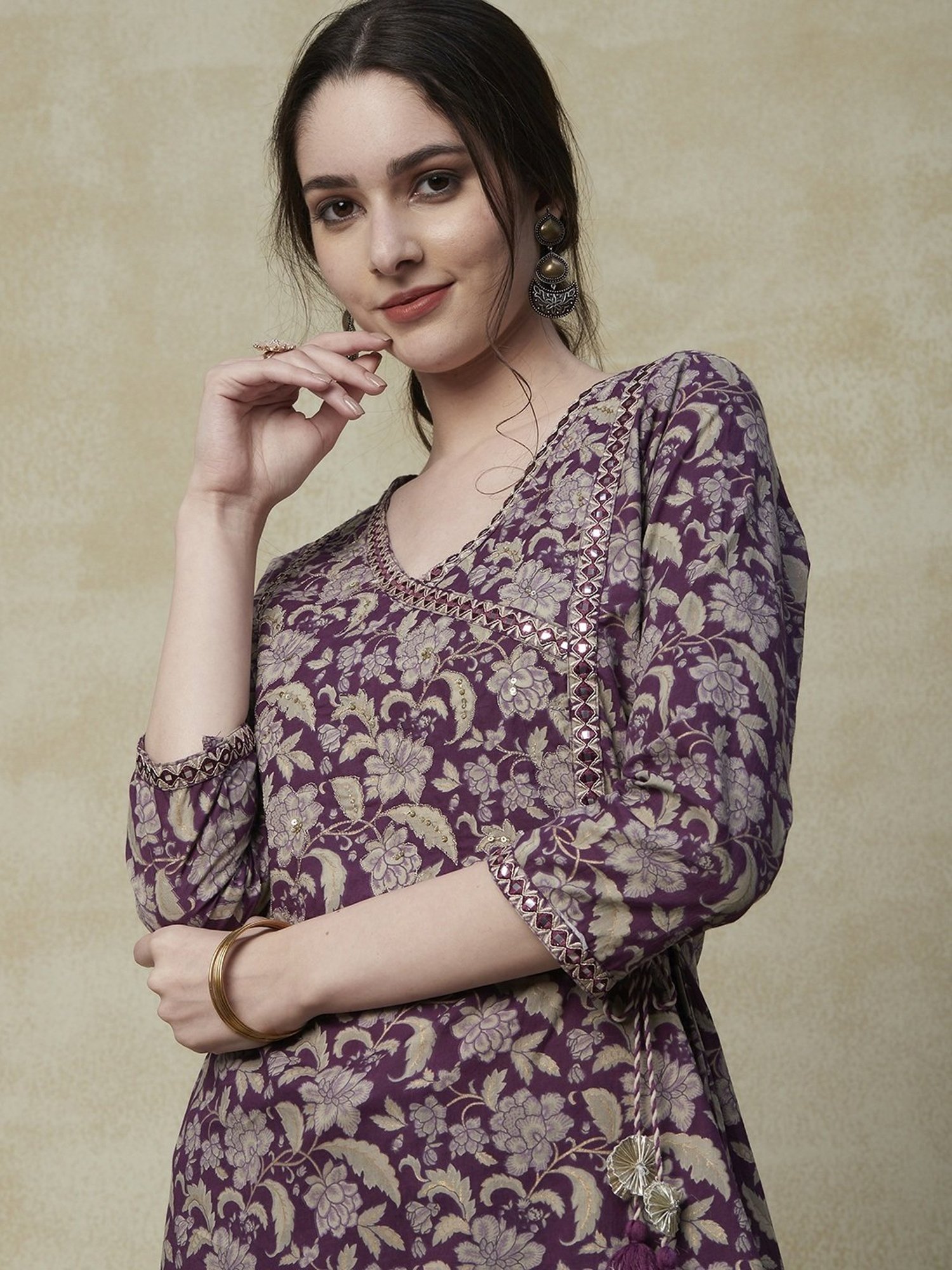 Fashor Purple Cotton Printed Kurta Pant Set