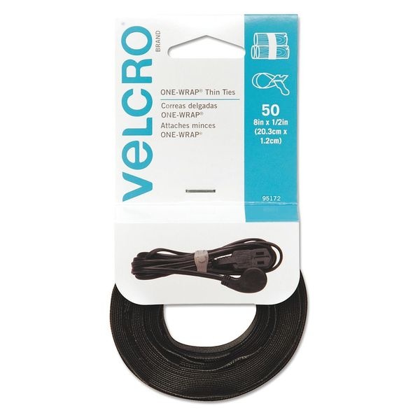 Velcro Brand One-Wrap Pre-Cut Thin Ties, 0.5" X 8", Black, 50/Pack 95172
