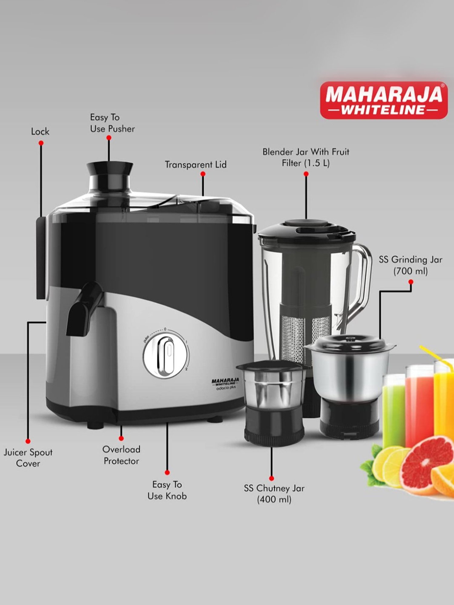 Maharaja Whiteline Juicer Mixer Grinder 550W With 3 Versatile Jars (Black & Silver)