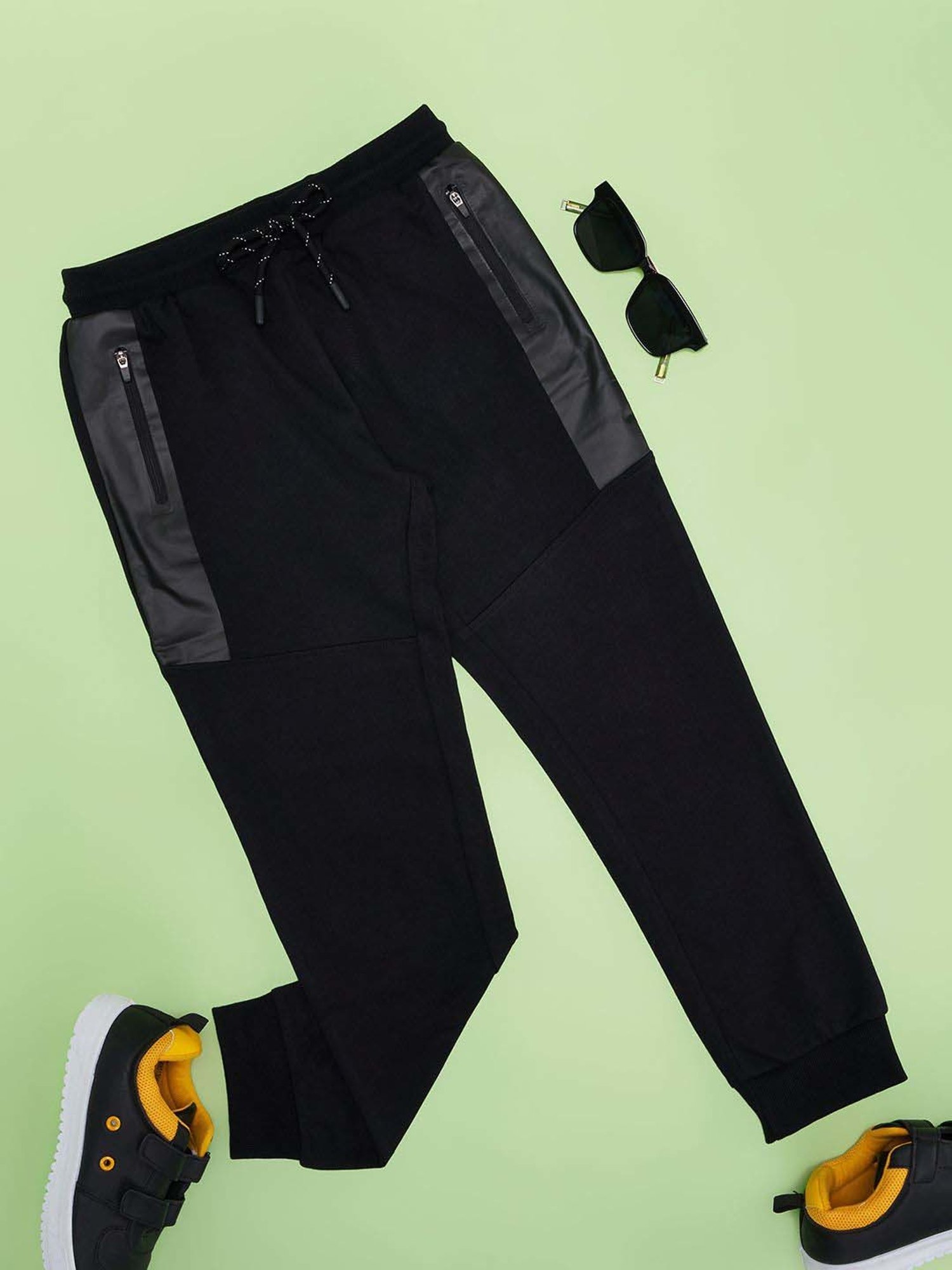 Pantaloons Junior Boys Jet Black Cotton Solid Track Bottoms & Joggers