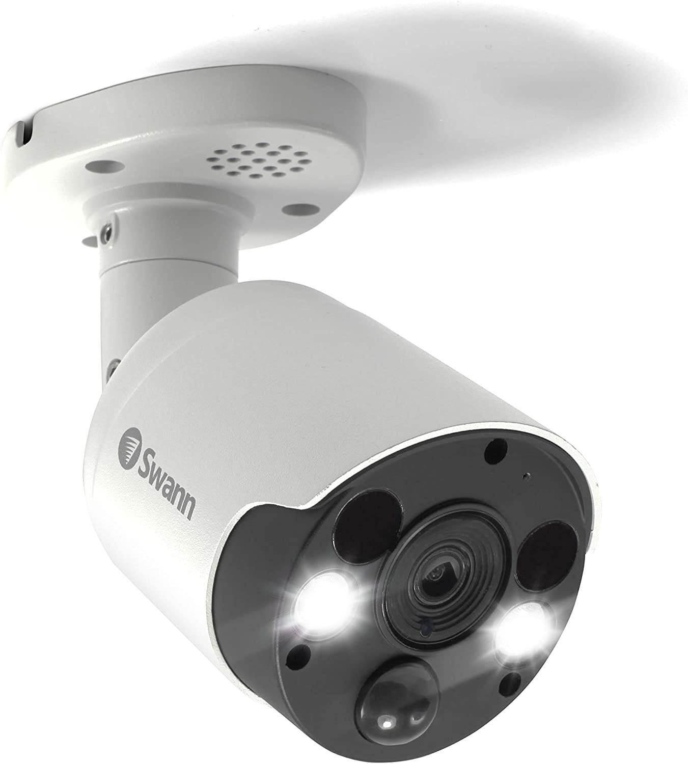 Swann Wired PIR Bullet Security Camera, 5MP HD Surveillance Cam with Infrared Night Vision, Motion Spotlights, Two-Way Audio, Add to NVR with PoE, SWNHD-865MSFB