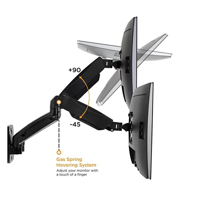 Dual Monitor Wall Mount Arms | Double Monitor Wall Mount | Two Full Motion Adjustable Articulating Gas Spring Arms | Fits 19 20 21 22 24 27 Inch Computer Screens with 75 or 100 VESA Patterns