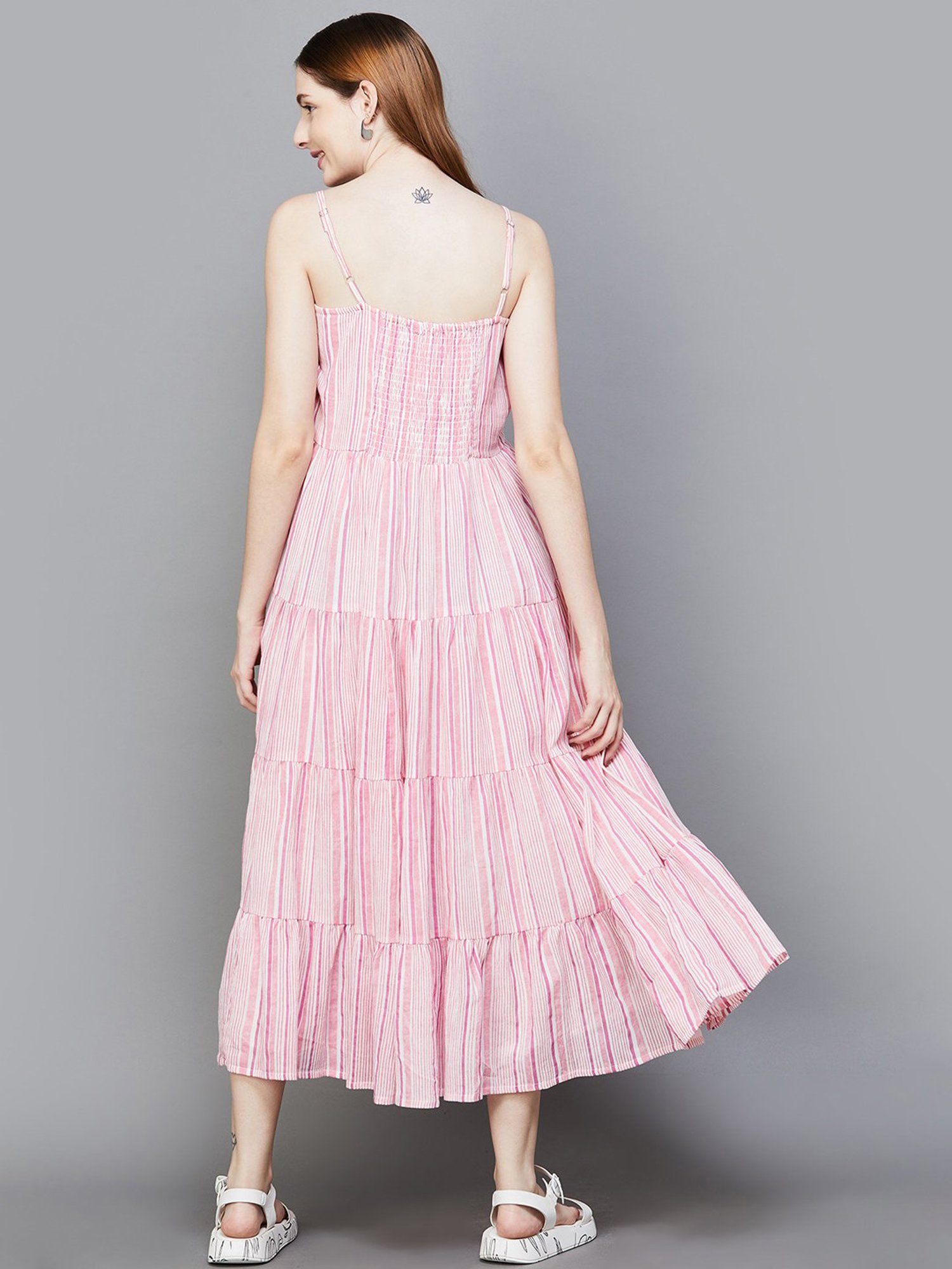 Colour Me by Melange Pink Cotton Striped A-Line Dress