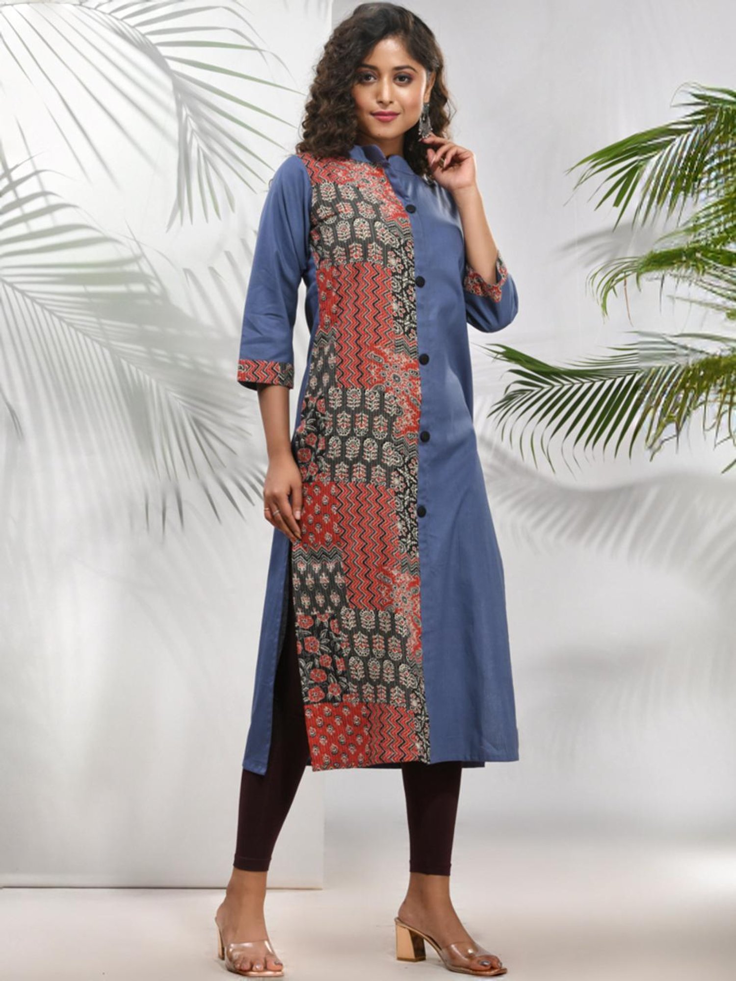 CHARUKRITI Blue Cotton Printed Straight Kurta