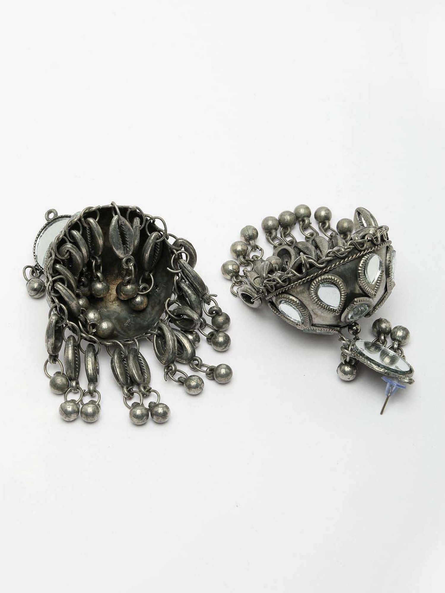 NVR Silver Plated Mirror Work Oxidized Contemporary Jhumki Earrings for Women