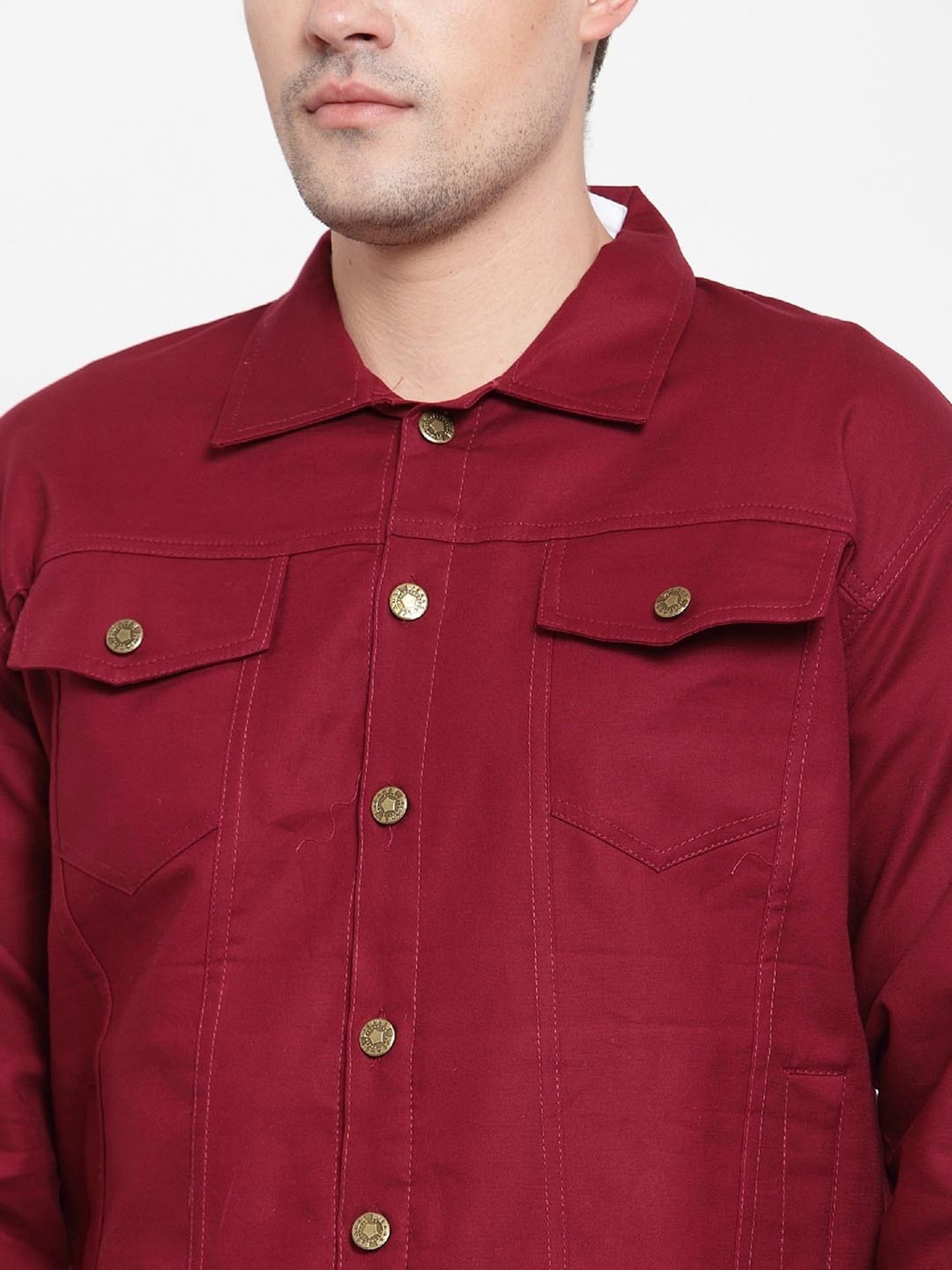 VOXATI Wine Full Sleeves Shirt Collar Denim Jacket