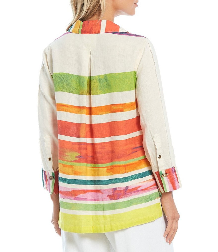 John Mark Abstract Stripe Print Button Front Wire Neck 3/4 Sleeve Linen Tunic