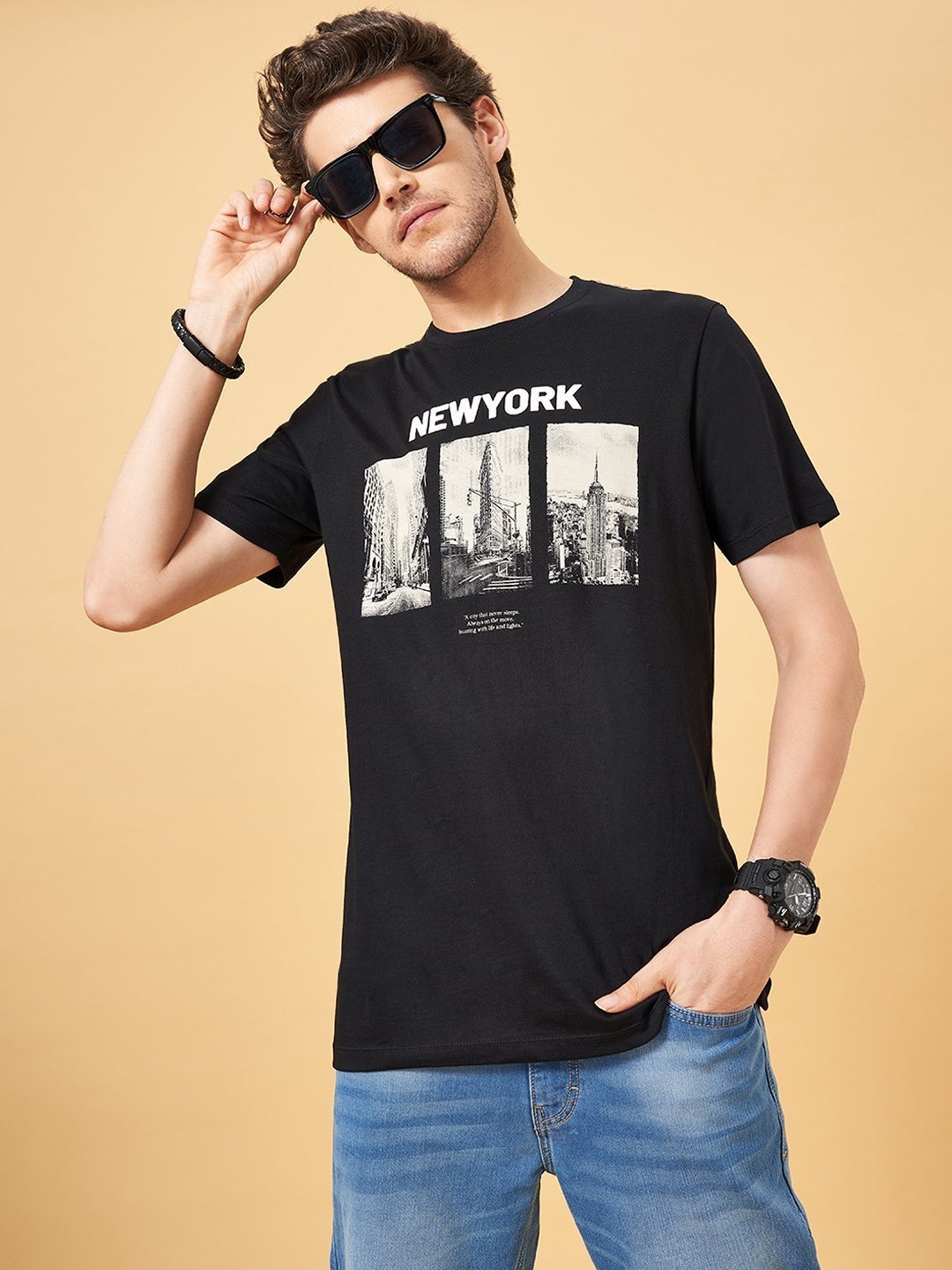 Sf Jeans By Pantaloons Black Slim Fit Printed T-Shirt