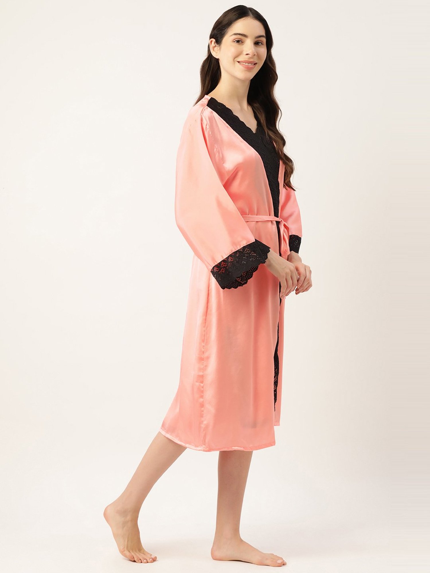 Ms.Lingies Peach Lace Work Nightwear With Robe