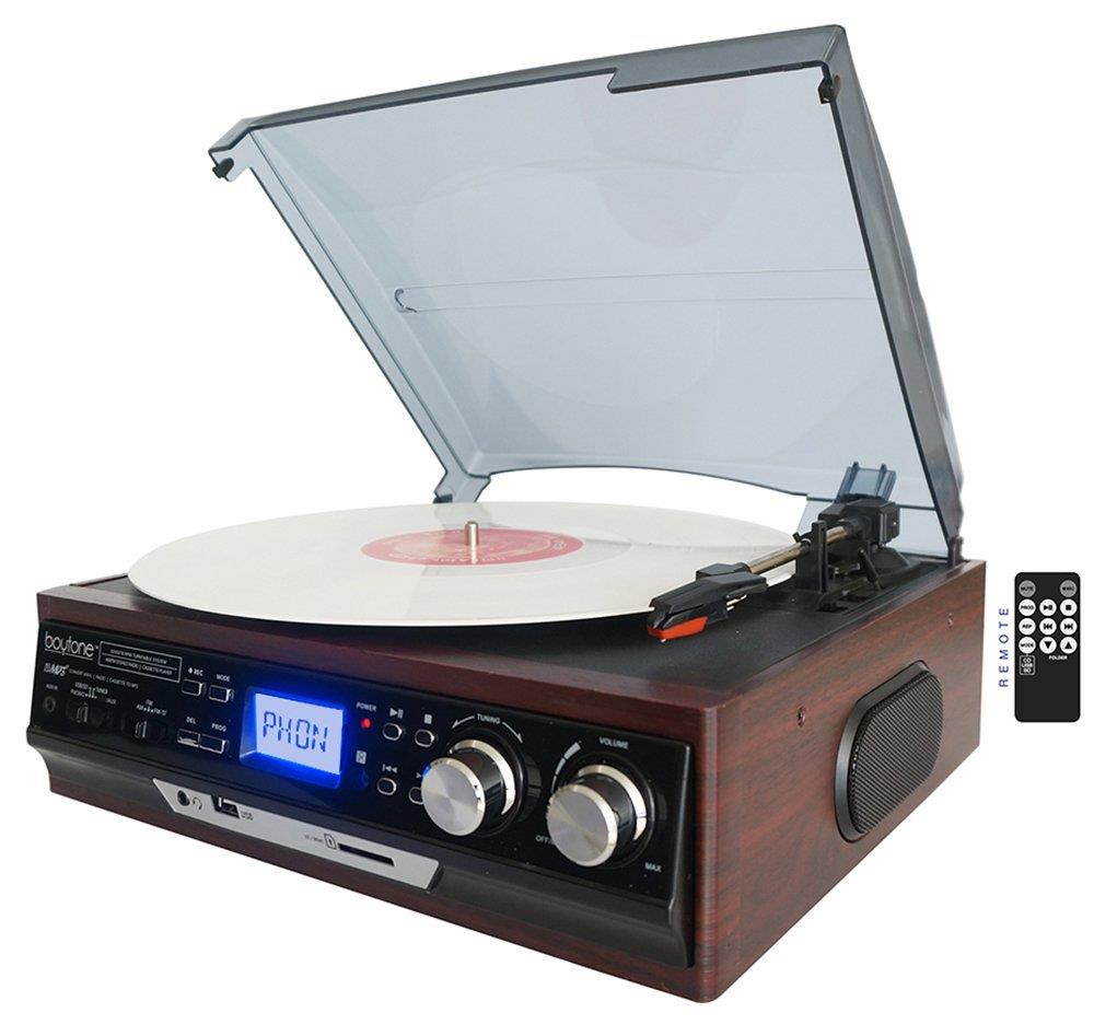 Boytone BT-17DJM 3-speed Stereo Turntable, 2 Built in Speakers Digital LCD Display AM/FM Radio, USB/SD Slot, AUX+ MP3 & WMA Playback /Recorder & Headphone Jack + Remote Control