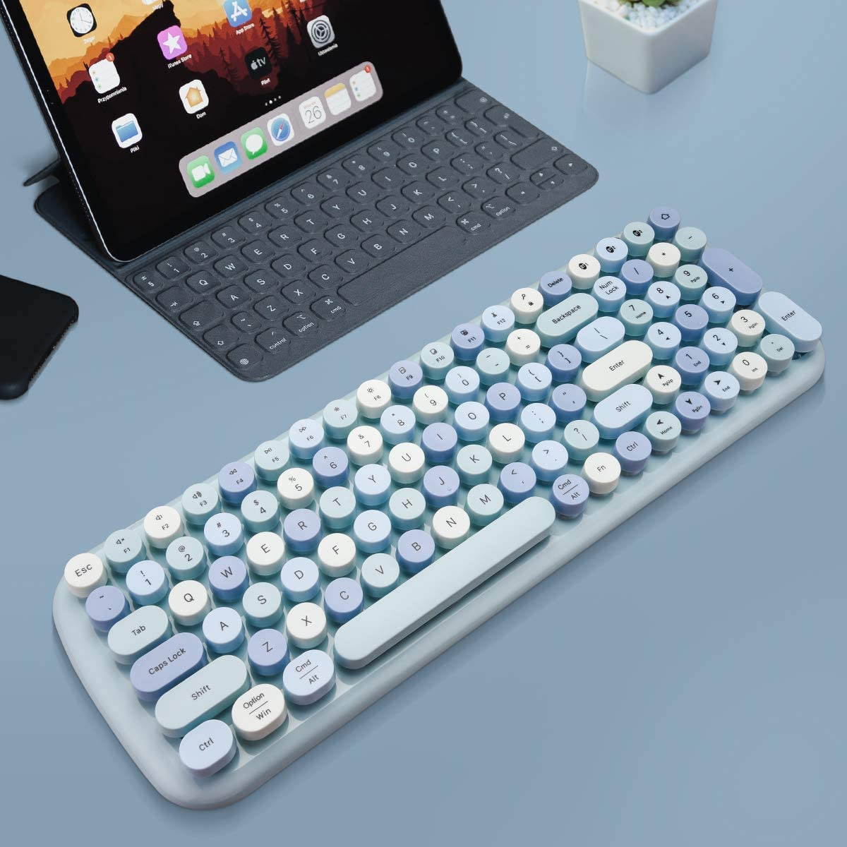 Wireless Bluetooth Keyboard, Typewriter Retro Round Keycaps Keyboard, Bluetooth 5.1 Tech Compatible with iPhone, iPad, Android, Windows, PC, Mac, Perfect for Home Game Office (Pink Colorful)