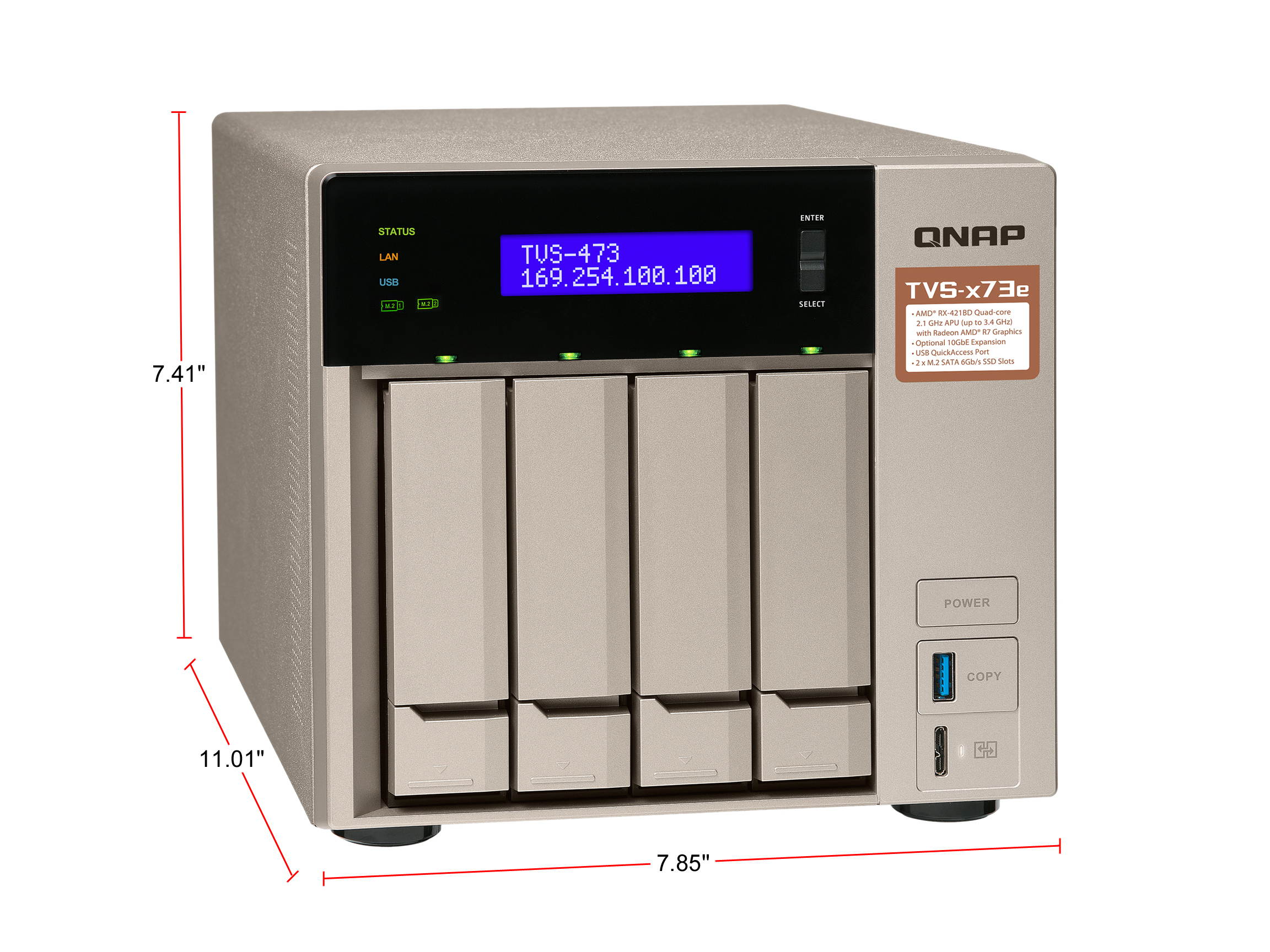 Qnap 4-bay NAS/iSCSI IP-SAN, AMD R series Quad-core 2.1GHz, 4GB RAM, 10G-ready (TVS-473e-4G-US)