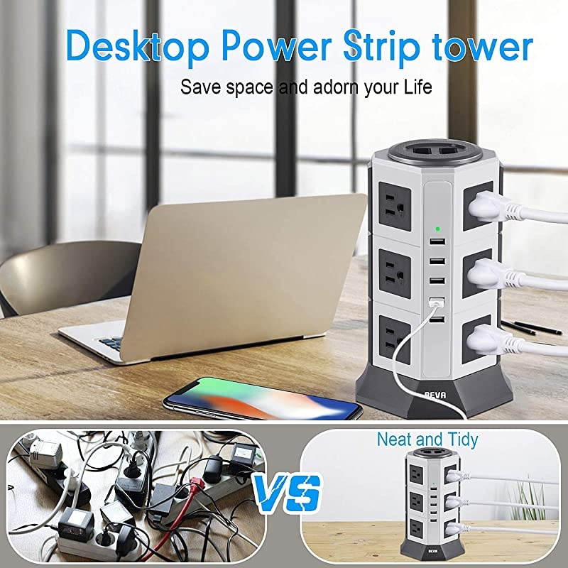 Surge Protector Desktop Power Strip Tower- 12 AC Outlets 5 USB Ports Charging Station 1875W/15A, 1050 Joules Multi Protection with 6.5ft Heavy Duty Long Extension Cord for Home Office ETL Listed