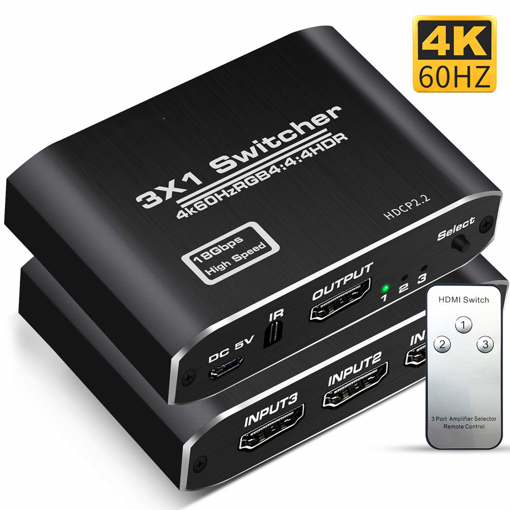 3x1 HDMI Splitter Aluminum HDMI Switch 3 in 1 Out with IR Remote Control, Supports 4k@60HZ 3D HD1080P, HDMI Switcher for PS3 PS4 Pro TV
