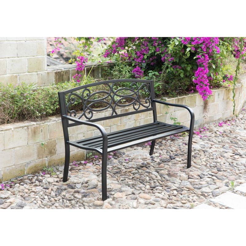 Gardenised Black Outdoor Steel Park Bench Cast Iron Scrollwork Backrest Garden Lawn Decor