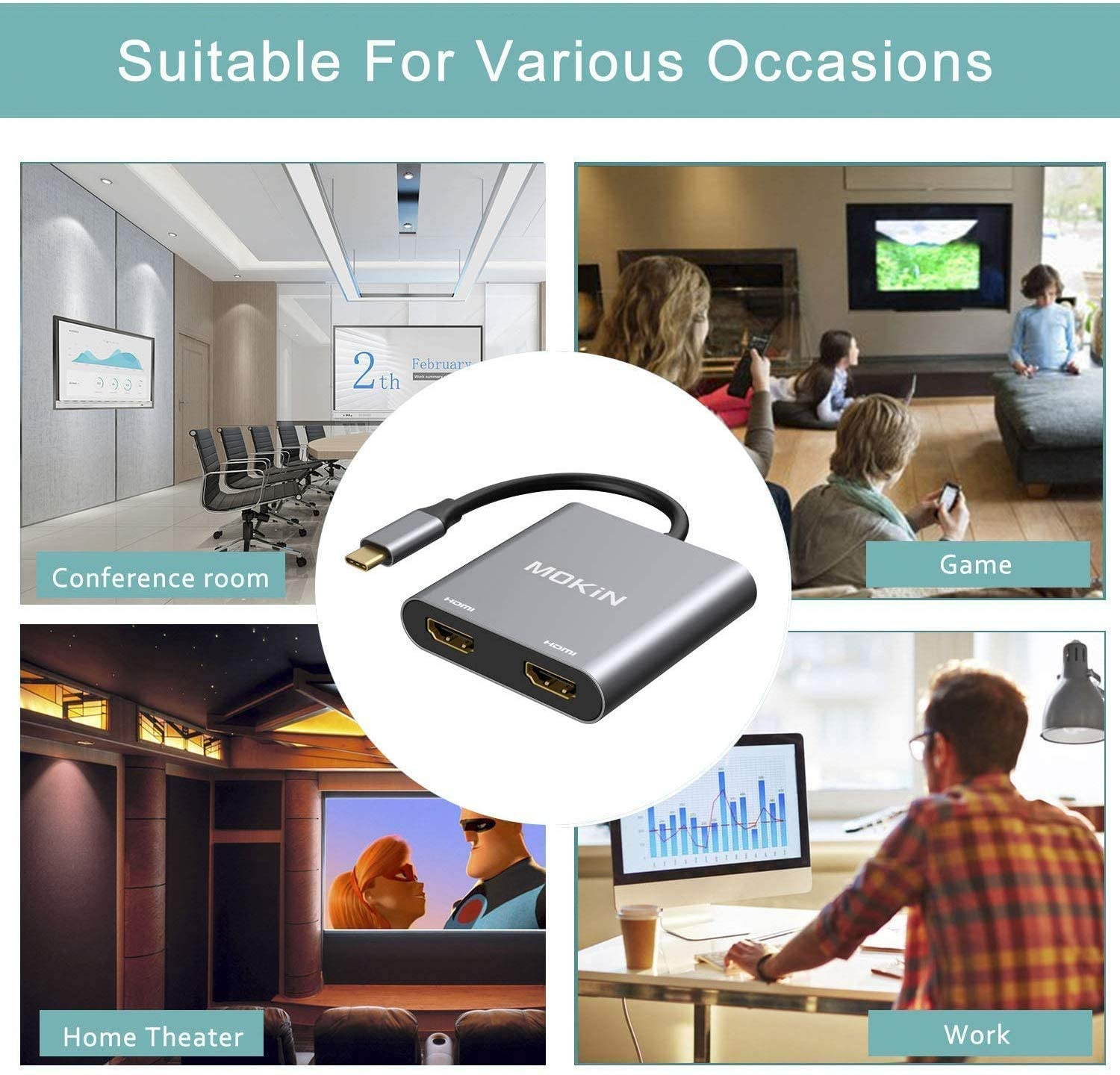 USB C to Dual HDMI Adapter,USB C to HDMI Adapter Type Thunderbolt 3 HDMI Dual Monitor Adapter for MacBook/MacBook Pro 2020/2019/2018,MacBook Air 2018 Surface Pro etc