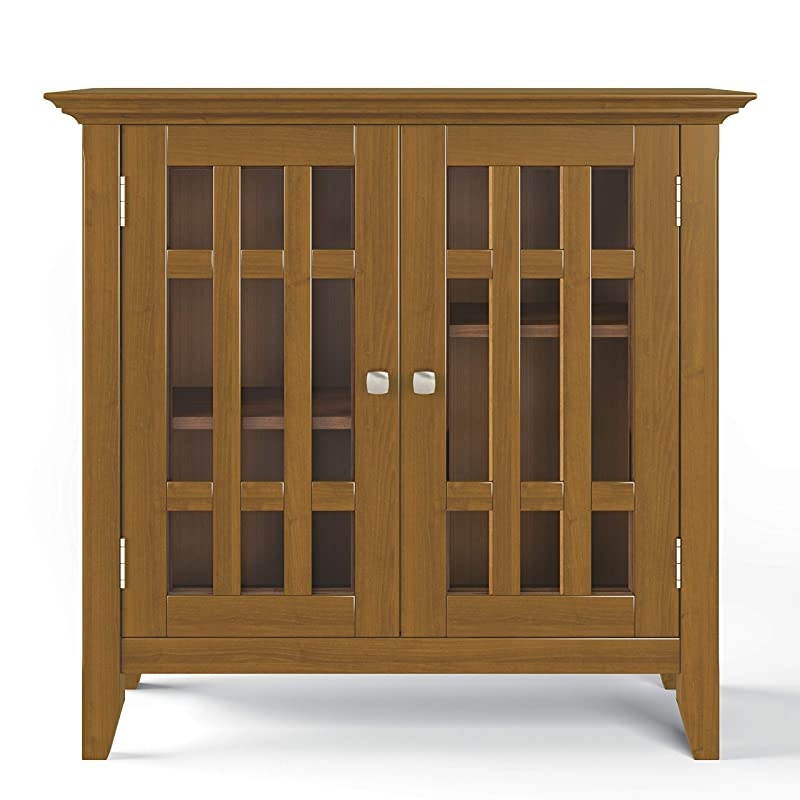 Bedford SOLID WOOD 32 inch Wide Rustic Low Storage Media Cabinet in Light Golden Brown, with 2 Tempered Glass Doors, 2 Adjustable Shelves