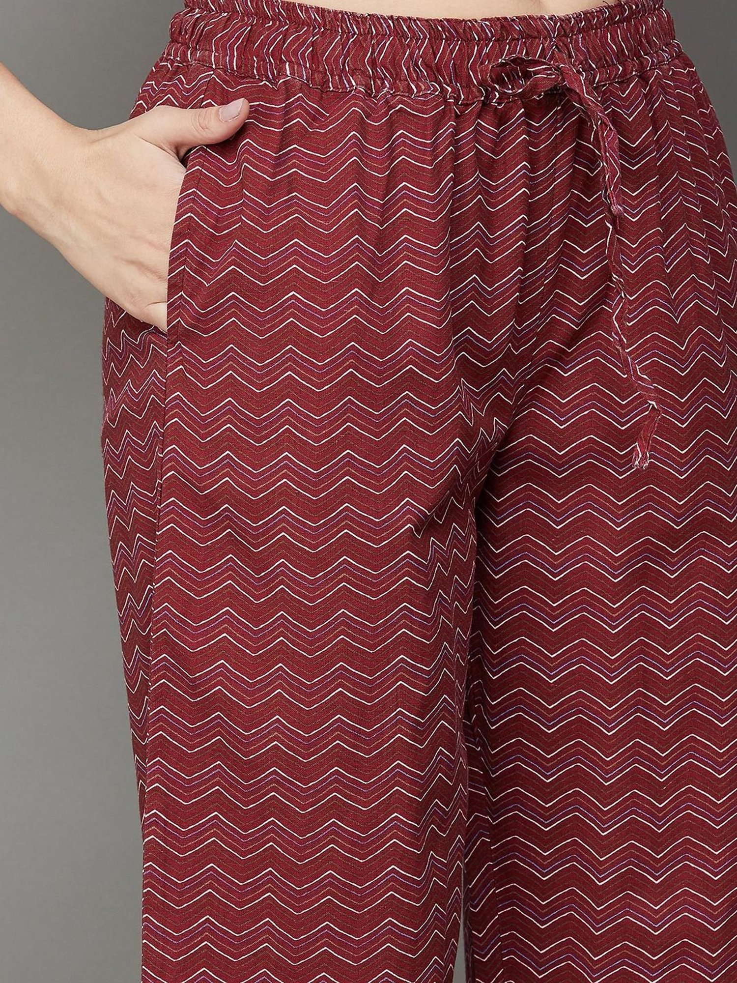 Melange by Lifestyle Maroon Cotton Printed Kurta Pant Set