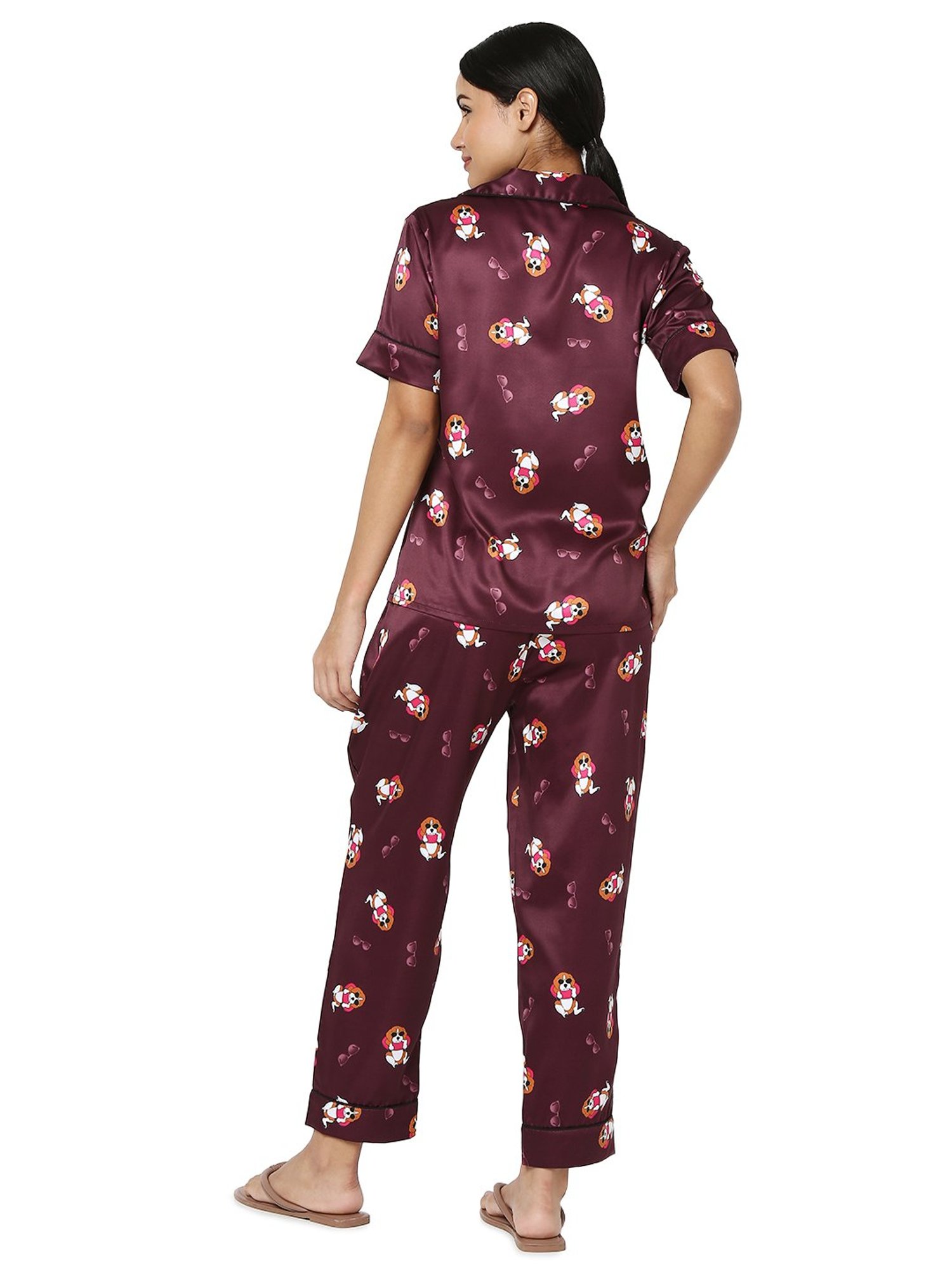 Smarty Pants Maroon Satin Animal Print Shirt With Pyjamas