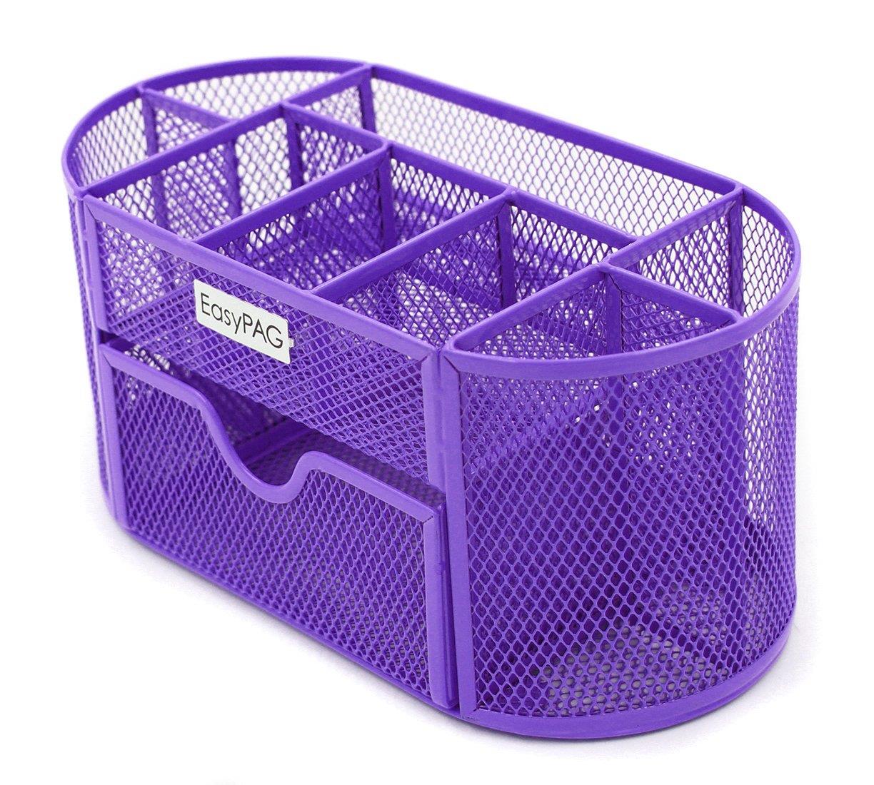 EasyPAG Desk Organizer 9 Components Mesh Office Desktop Supplies Caddy with Drawer,Purple