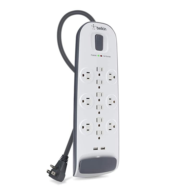 USB Power Strip Surge Protector - 12 AC Multiple Outlets & 2 USB Ports - 6 ft Long Flat Plug Extension Cord for Home, Office, Travel, Computer Desktop & Charging Brick - White (3,996 Joules)