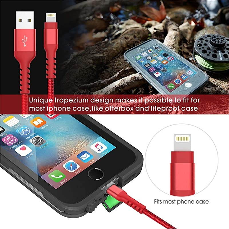 Lightning CableCertified Charger Cable for iPhone4Pack 33FT 66FT Nylon Braided USB Lightning Cable for iPhone X8 Plus87 Plus76 Plus66S Plus6s5iPad and Morered