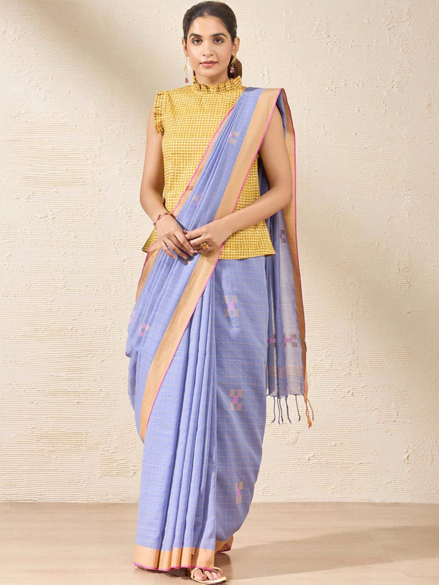 Taneira Purple Cotton Printed Saree With Unstitched Blouse