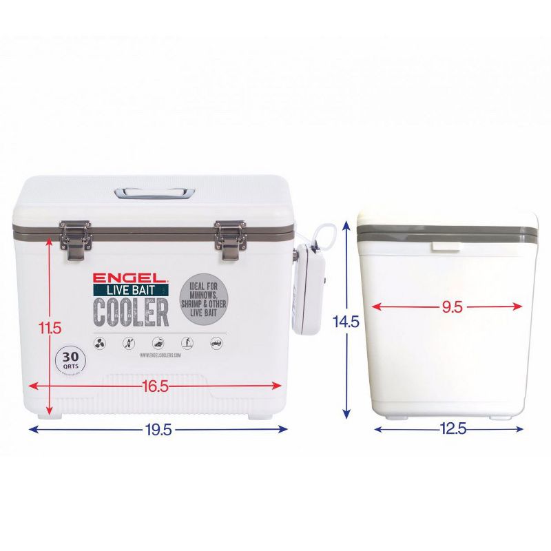 Engel 30 Quart Portable Insulated Live Bait Fishing Dry Box 48 Can Hard Airtight Cooler with Water Speed Aerator Pump and Removable Pull Net, White