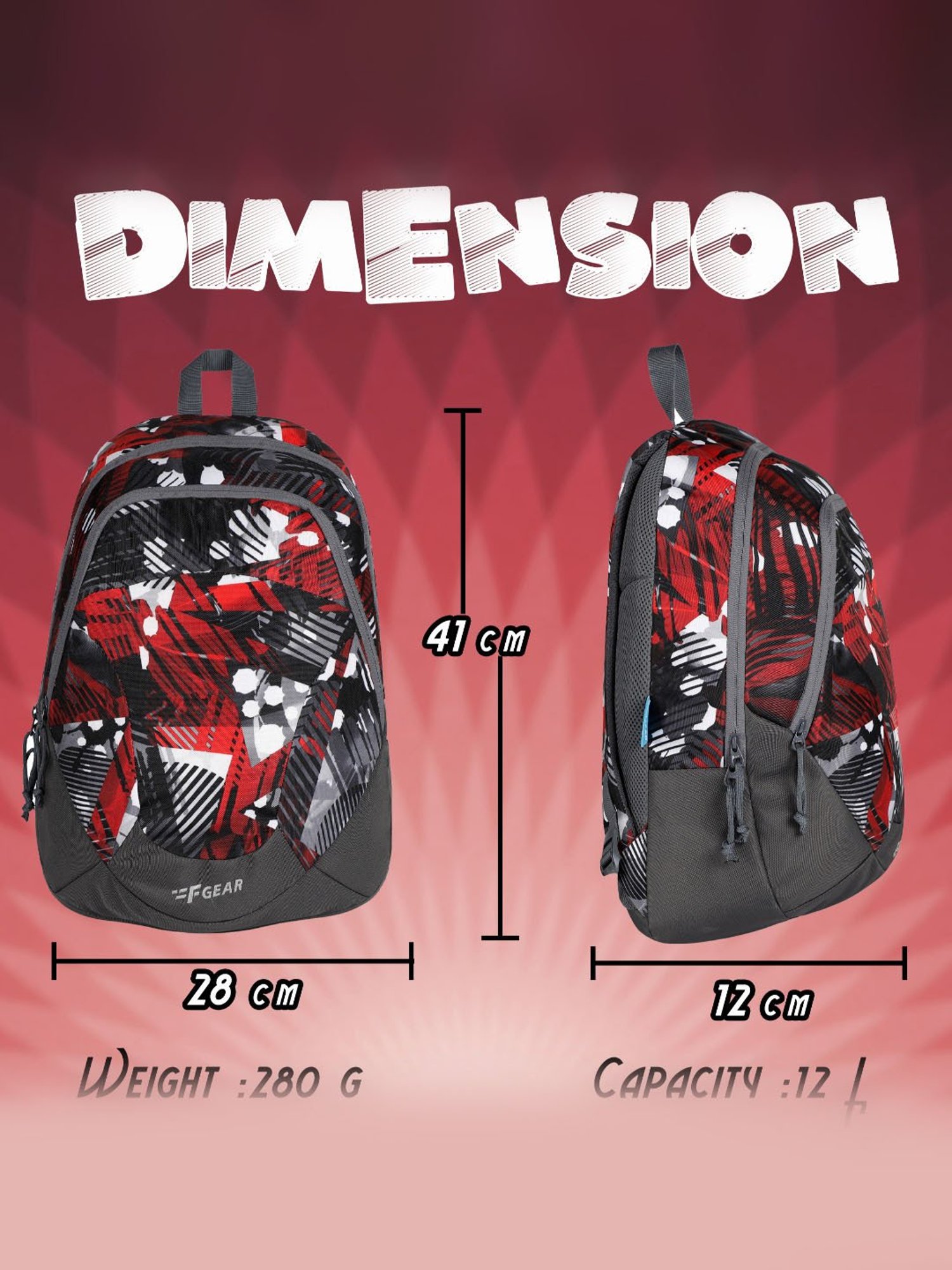 F Gear Amari Geometric Black Red Printed Small Backpack