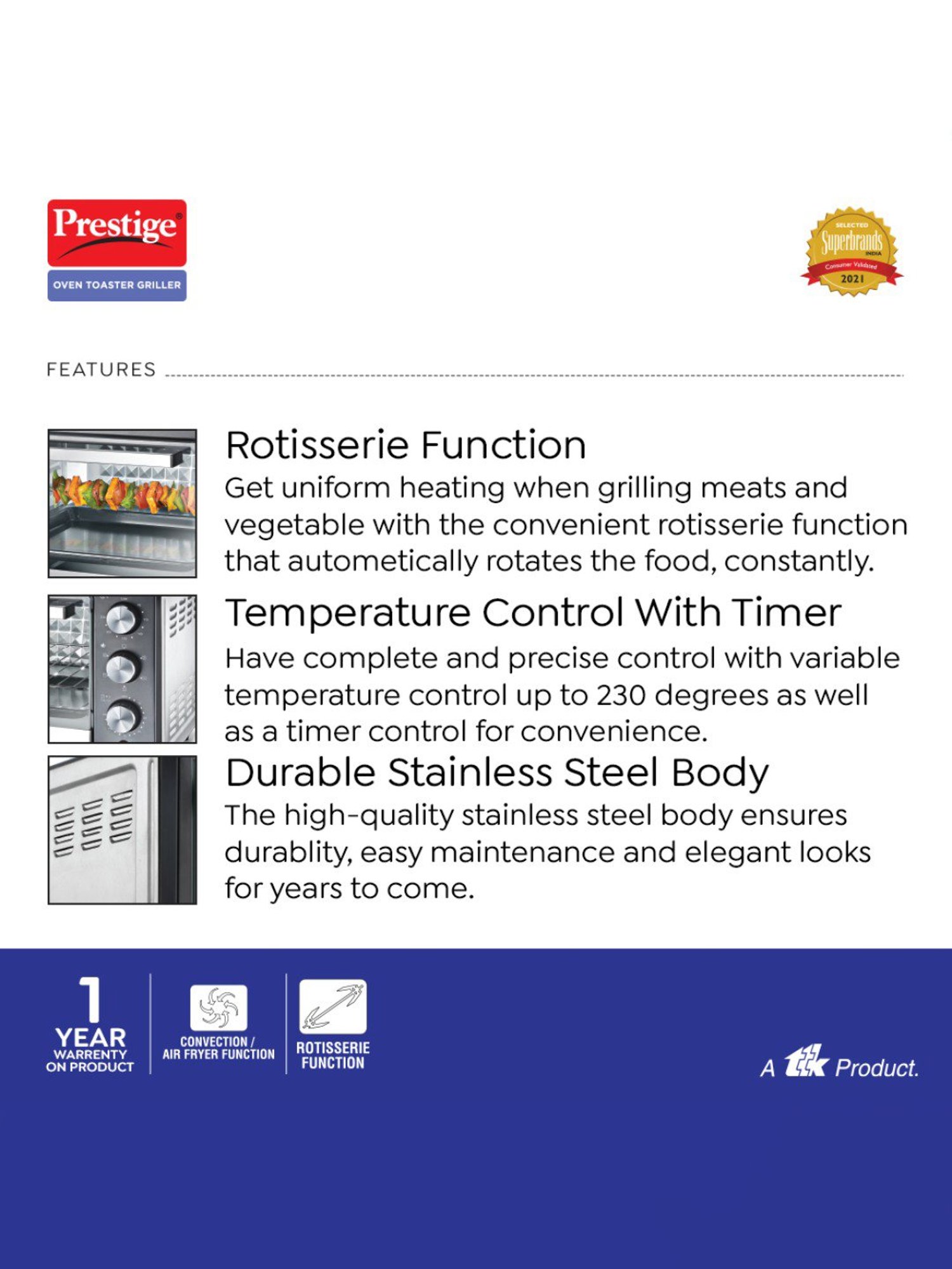 Prestige POTG Multicolor Stainless steel Oven Toaster Griller with Convection and Air Fryer Function