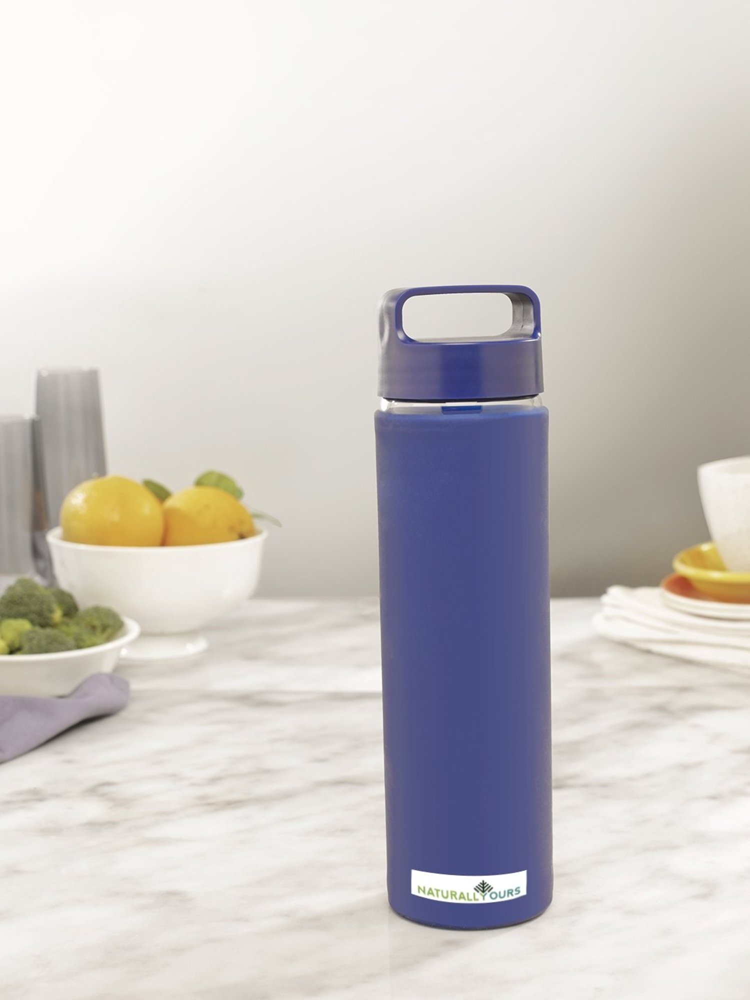 NATURALLYOURS Blue Borosilicate Glass Water Bottle (550 ml) - Set of 1