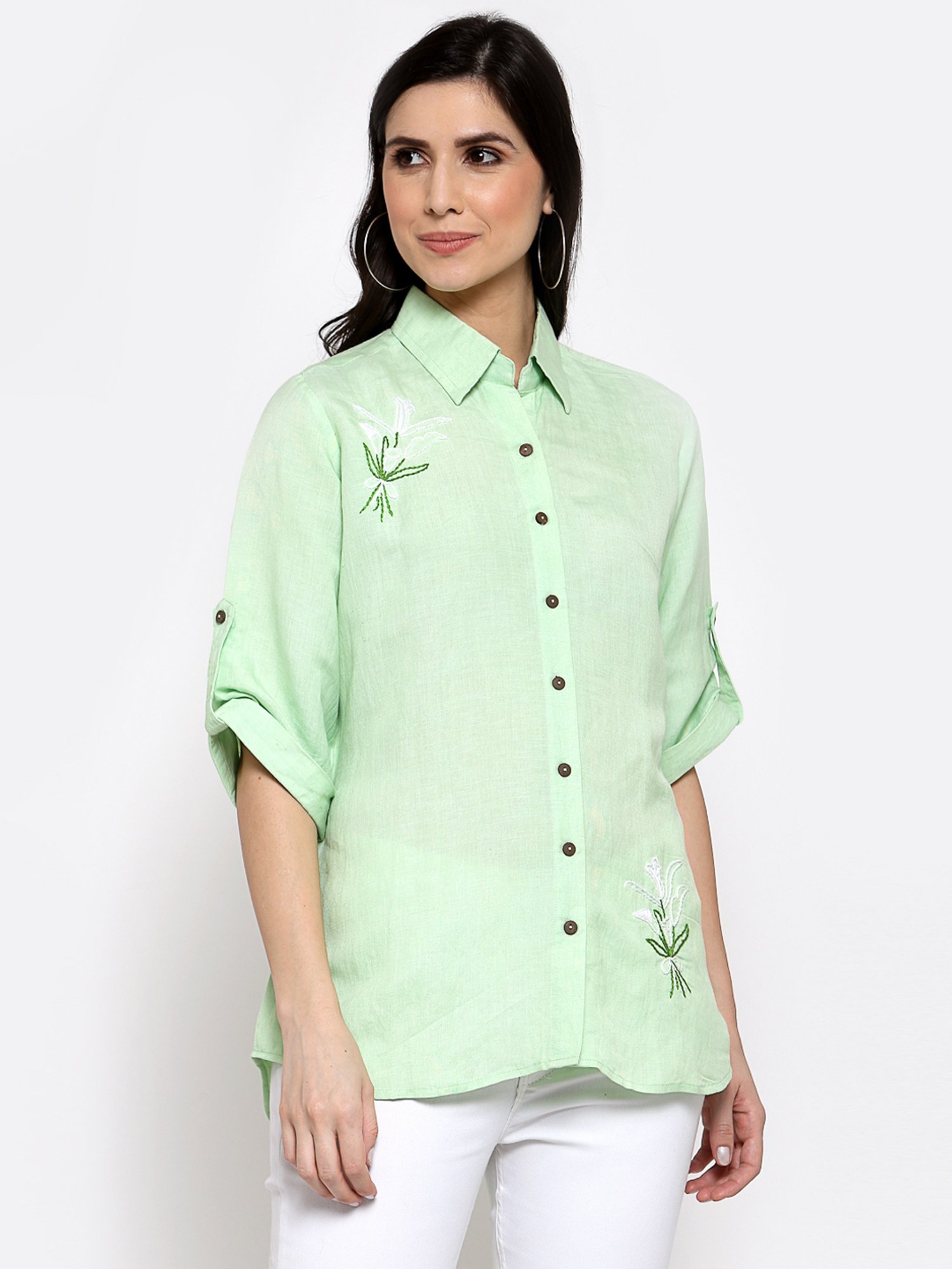DART STUDIO Green Linen Embroidered Shirt