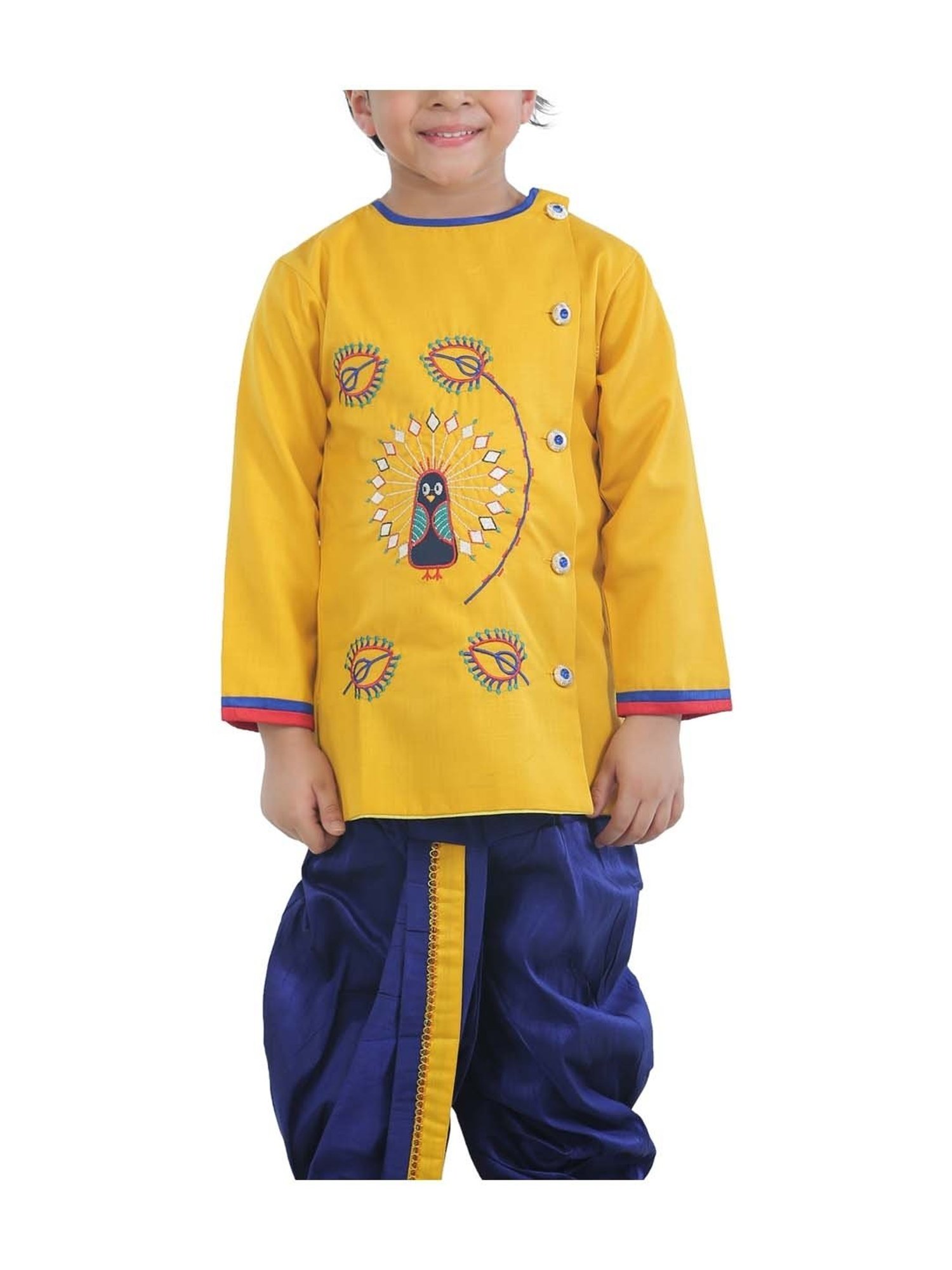 Ahhaaaa Kids Yellow & Blue Cotton Embroidered Kurta Set