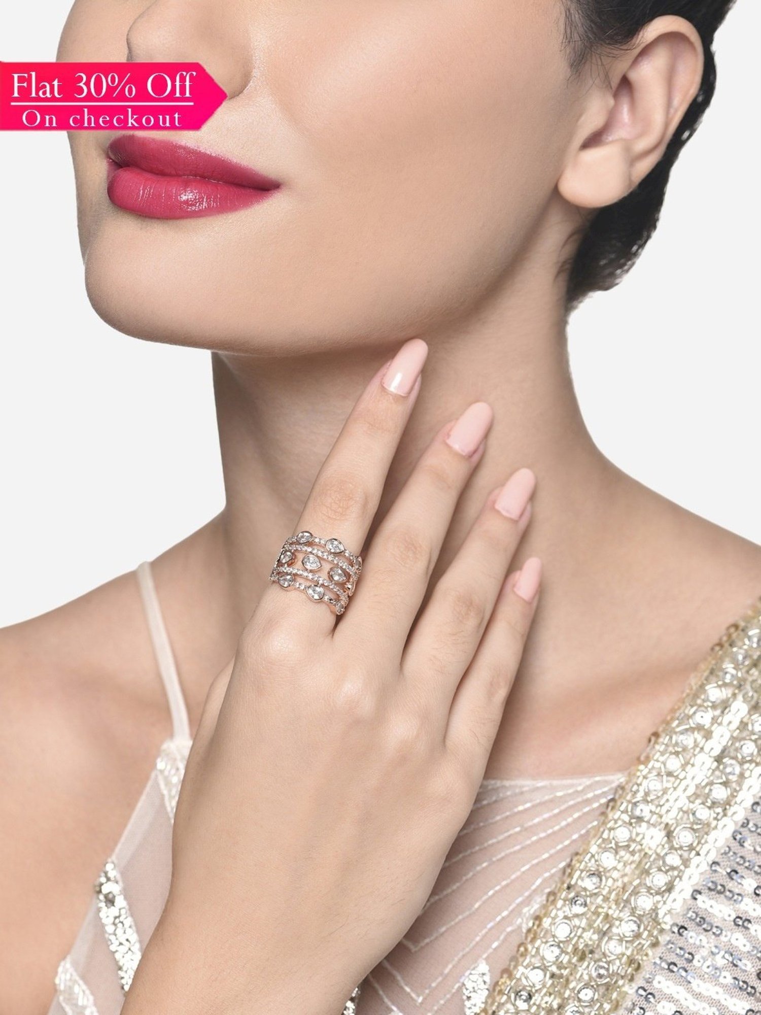 Zaveri Pearls Rose Gold Dazzling Cubic Zirconia Party Bling Statement Brass Ring-ZPFK16484