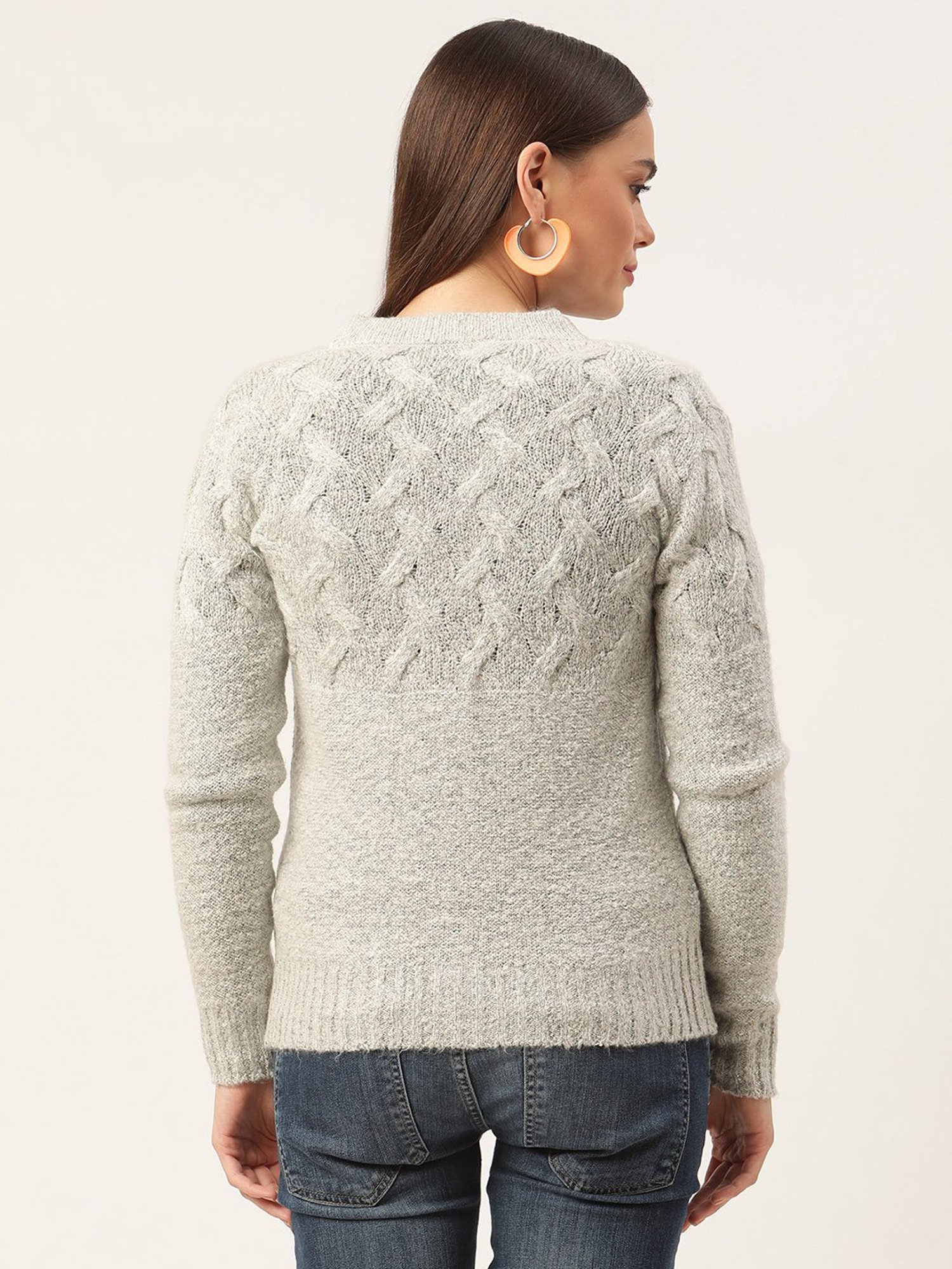 Rooted Grey Self Design Round Neck Sweater