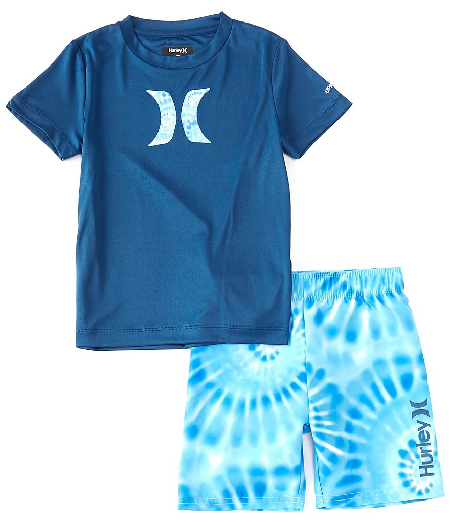 Hurley Little Boys 2T-7 Short-Sleeve Icon UPF 50+ Swim Tee & Spiral Tie-Dye Swim Trunks Set
