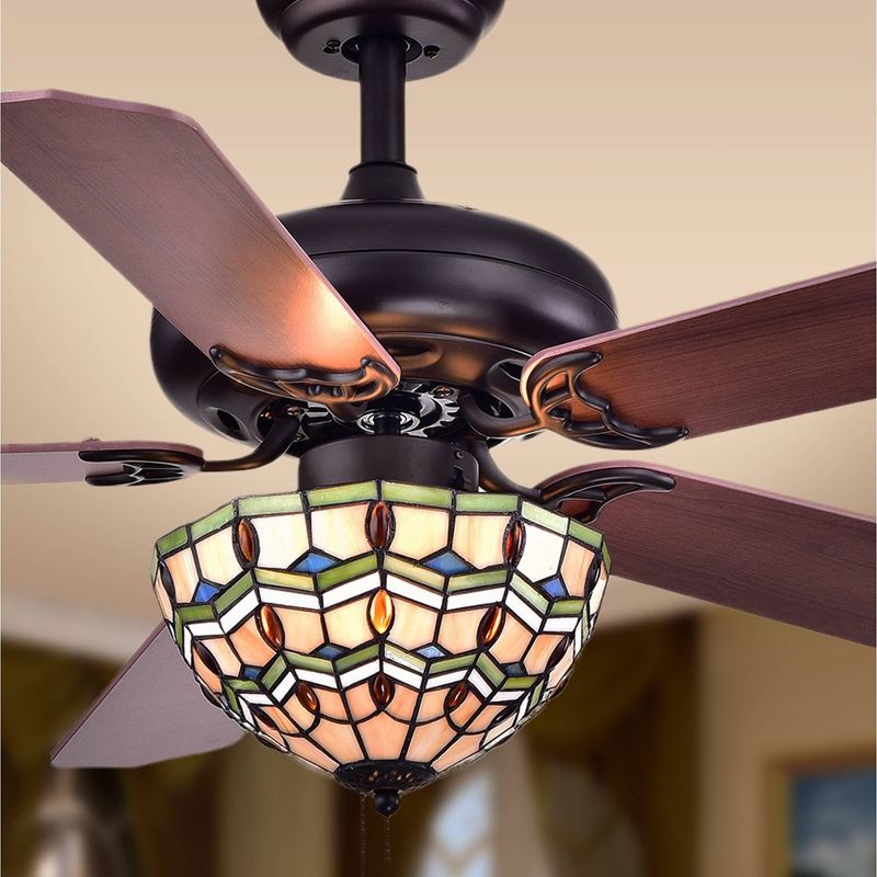 42" x 42" x 20" Doretta Tiffany Bowl 3 Light, 5 Blade Ceiling Fan Black/Amber - Warehouse of Tiffany