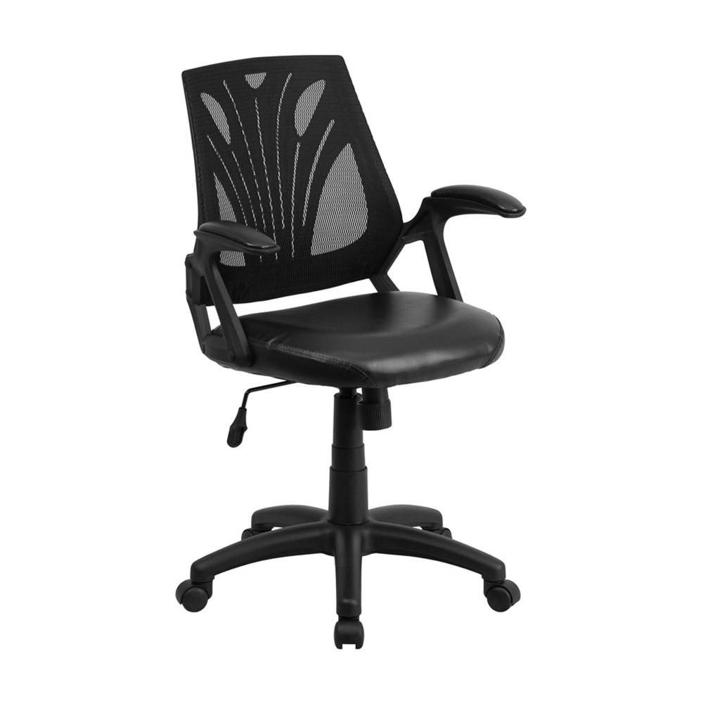 Mid-Back Designer Black Mesh Swivel Task Office Chair with LeatherSoft Seat and Open Arms