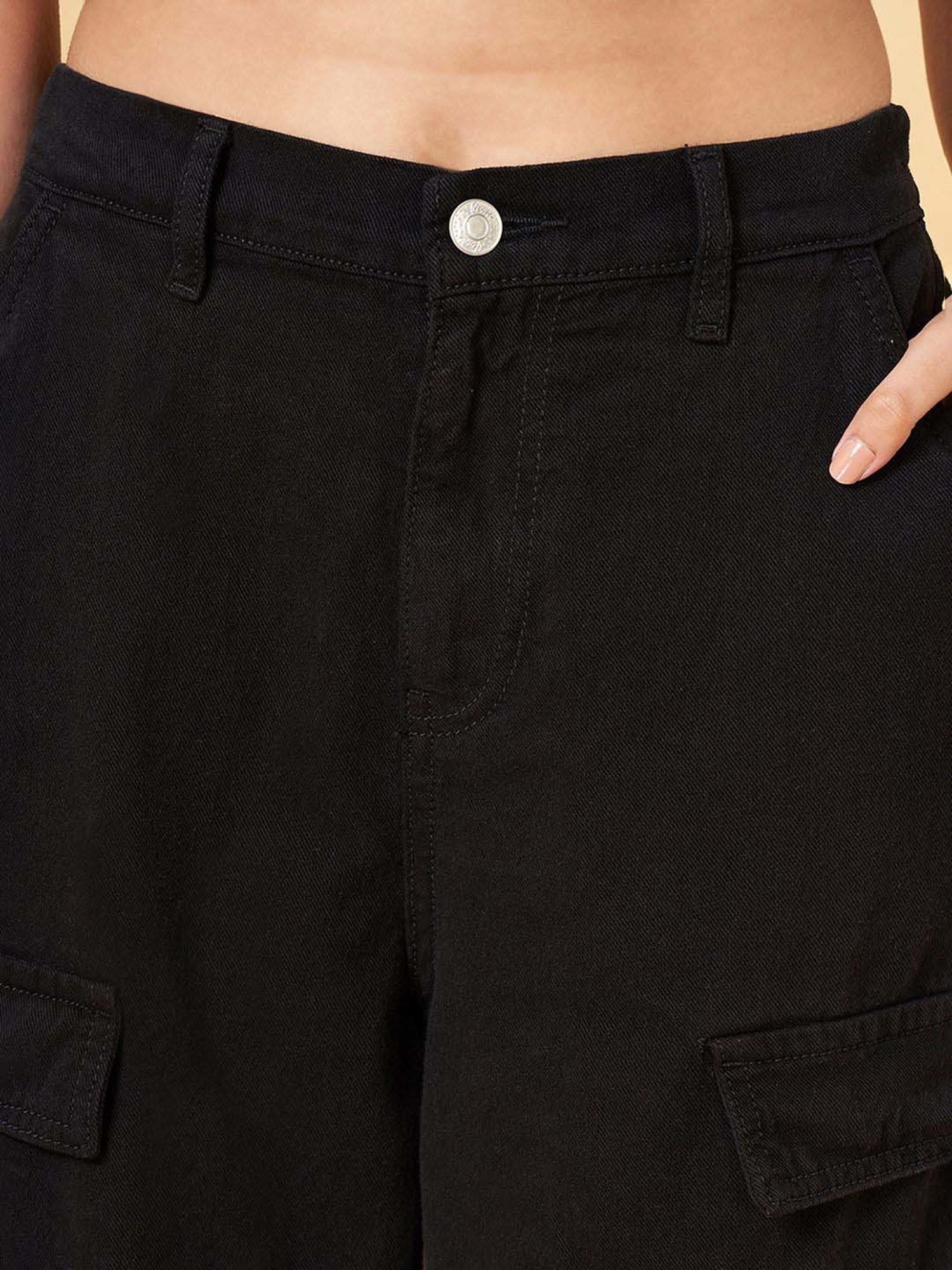 People by Pantaloons Jet Black Cotton Mid Rise Flared Jeans