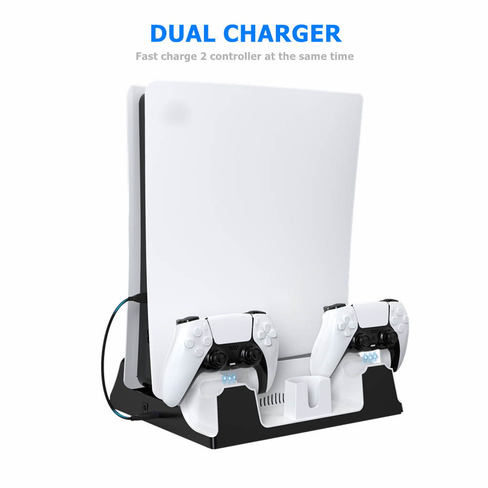 PS5 multifunctional Cooling Stand with Charging Station and Suction Cooling Fan, Dual Controller Wireless Charger Station, Charging Dock Station and Game Slots
