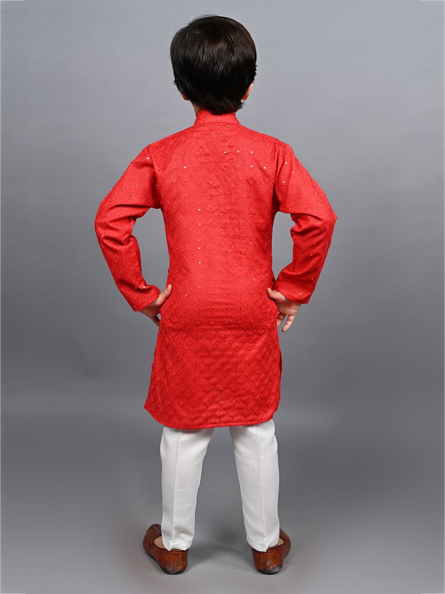 Ahhaaaa Kids Red & White Embellished Full Sleeves Kurta With Pyjamas