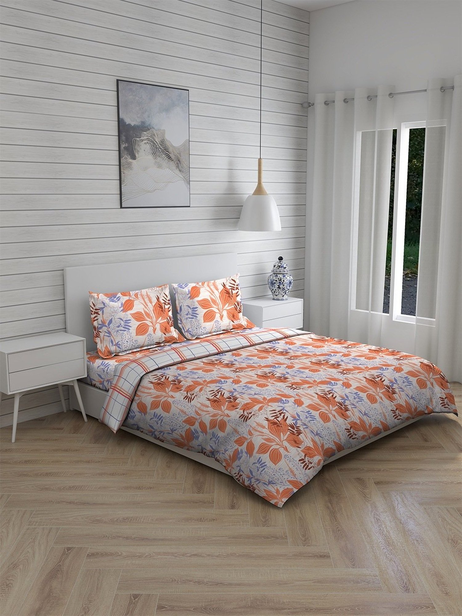 Layers Milano Floral Orange 146 TC Cotton King Bedding Set