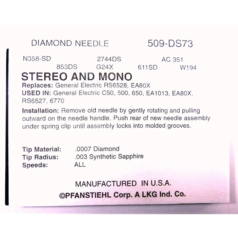 Phonograph Record Turntable Needle For NEEDLES GE RS6528 GE EA80X166 PFANSTIEHL 509DS73