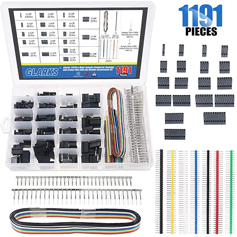 1191Pcs 254mm Pitch 1 2 3 4 5 6 7 8 9 10 Pin Housing Connector and Male Female Crimp Pins with Pin Header and 10 Wire Rainbow Color Flat Ribbon IDC Cable Compatible with Dupont Connector Kit